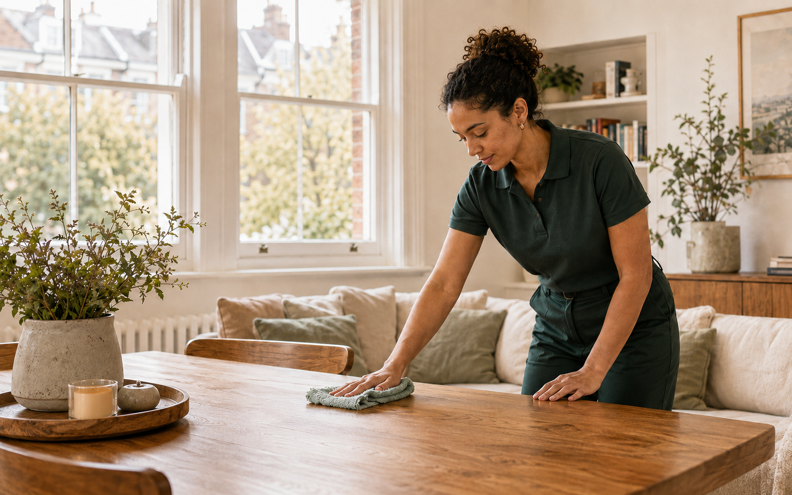 A professional cleaner caring for a bright home